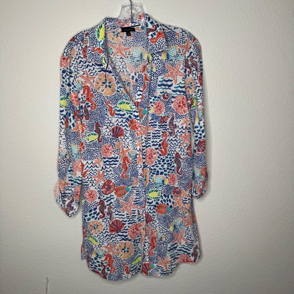 Talbots Womens XS Nautical Sea Life Print Button Down Shirt Dress Colorful Artsy